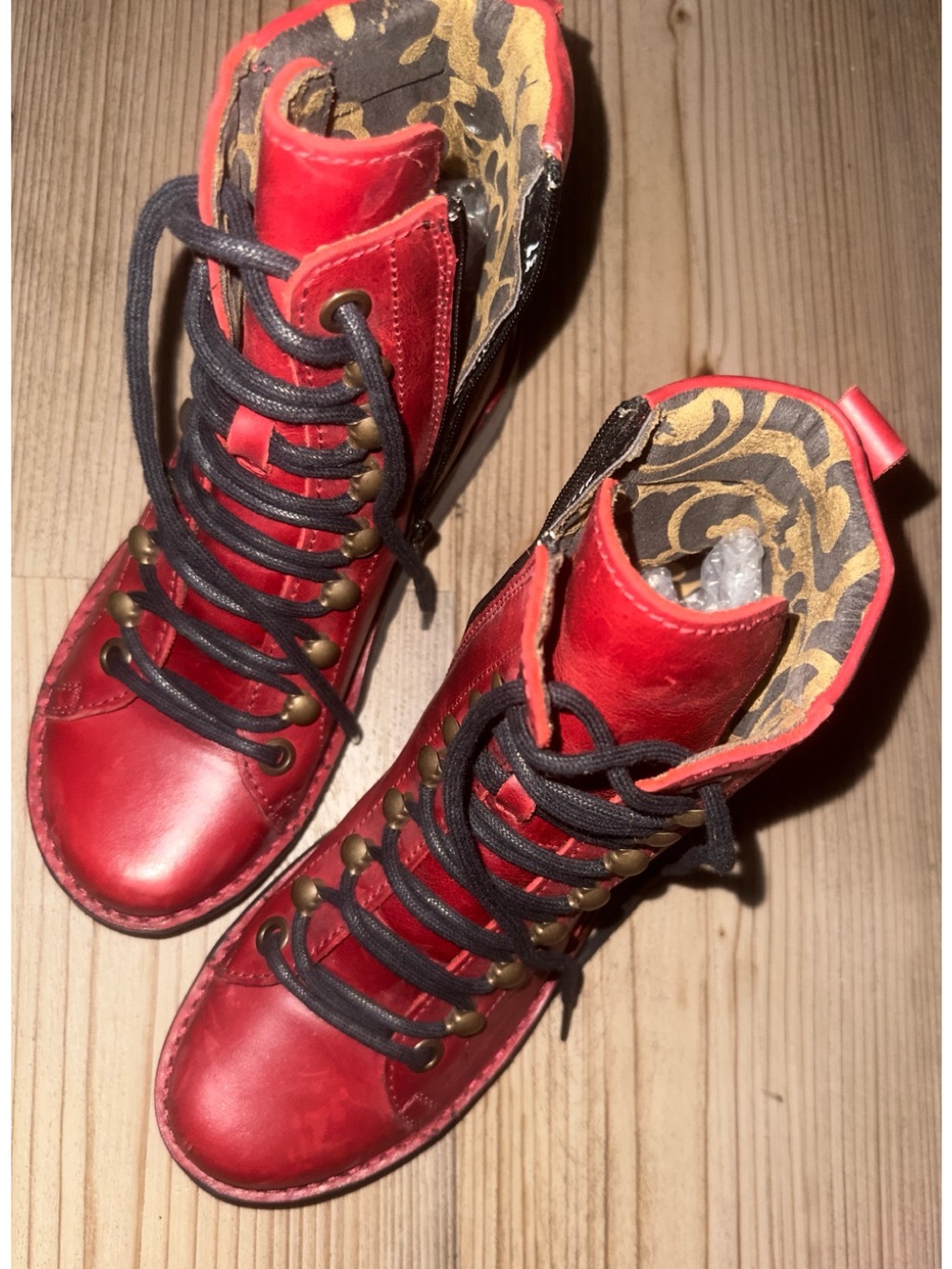 Fly London Red Leather Lace-Up Women's Boots with Black Laces